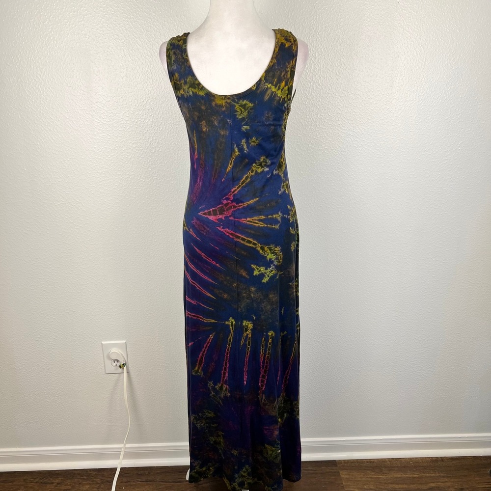 Vintage Y2K Tie Dye Maxi Dress Whimsigoth Blue Yellow XS Indie Boho Beach - Picture 3 of 10